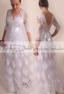 wedding photo - Lace Plus Size /Vfront & back /long/ mаxi  wedding party/reception dress / lace / Bridal Gown 3/4 sleeve