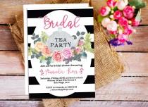 wedding photo - Floral Tea Party Invitations, Bridal Shower Tea Invitation, black and white stripes invitation, Garden Party Invitation, Afternoon Tea Party