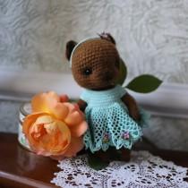 wedding photo - Crochet dark mustard bear-girl with azure dress and hairband with tiny flowers, relax toy with turning head, OOAK 