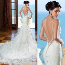 wedding photo - New Sexy Backless Lace Mermaid Wedding Dress Bridal Gown Custom Size 4 6 8 10 ++