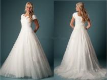 wedding photo - Modest Appliques Tulle Wedding Dress Bridal Gown Custom Size 4 6 8 10 12 14 16+