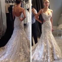 wedding photo -  Charming Spaghetti Straps Mermaid Wedding Dress Bridal Gown with Aqppliques