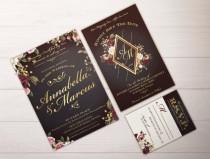 wedding photo - Wedding Invitation Suite; Custom downloadable, Fairytale Snow White, PDF; Dark; Romantic; Floral; Glamorous; Fall Wedding