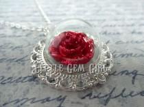 wedding photo - Enchanted Red Rose Necklace - Beauty and the Beast Rose Jewelry Silver Wedding Bridal Fairy Tale Jewelry - Once Upon a Time Glass Jewelry