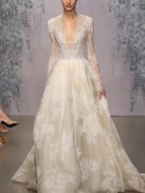 wedding photo - Monique Lhuillier 'Winslet' Plunging V-Neck Organza & Lace Ballgown Dress (In Stores Only) 