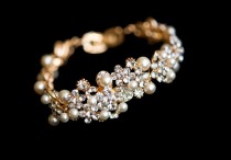 wedding photo -  Modern bridal bracelet, Swarovski pearls sparky CZ crystal bracelet, Bridal Jewelry Bracelet, Wedding Bracelet.