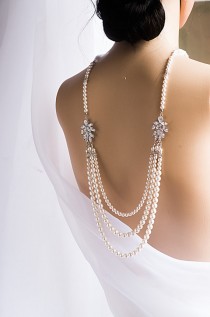 wedding photo -  3 Strands Bridal Backdrop Necklace Crystal and swarovski Pearl statement Necklace, Silver Plated CZ Charms Necklace,Back Drop Bridal Jewelry