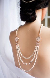 wedding photo -  3 Strands Bridal Backdrop Necklace Crystal and swarovski Pearl statement Necklace, Rose Gold Silver Necklace,Back Drop Bridal Jewelry
