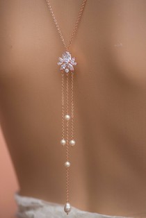 wedding photo - Bridal Backdrop Necklace Crystal and Pearl statement Wedding Rose Gold or 925 silver Swarovski Pearls Necklace Back Drop Bridal Jewelry