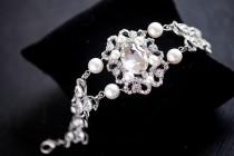 wedding photo -  Swarovski Pearl Bridal Bracelet, Swarovski Pearls ,Vintage Style CZ　Crystal Wedding Bracelet Cuff., Wedding Bridal Bracelet