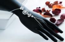 wedding photo -  Floral CZ Crystal Swarovski Pearl Hand Chain Bracelet Handpiece Vintage Style statement wedding Bracelet, Pearl Rhinestone Bracelet Cuff.