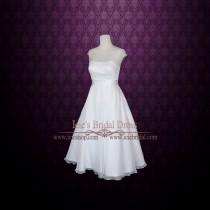 wedding photo - Simple Yet Elegant Modest Retro 50s Tea Length White Wedding Dress with Silver Sash 