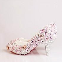 wedding photo - Enchanting Crystal Beak Closed Toe Mid Heel Pink Wedding Shoes