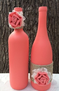 wedding photo - Coral Hand Painted Wine Bottles With Twine And Lace & Burlap Flowers, Set Of 2