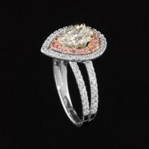 wedding photo - Engagement Ring, Pear cut Diamond Engagement Ring with Pink Sapphire & Diamond Double Halo - LS458