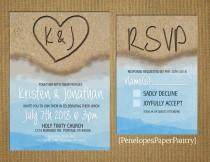 wedding photo - Destination Beach Wedding Invitation,Heart in the Sand with Initials,Sandy Beach,Blue Water,OPT RSVP Card,Customizable,with White Envelopes