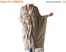 wedding photo - 20% WINTER SALE Over Size Plus Size Tweed Beige Hand Knitted Blanket Poncho by Afra