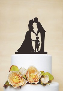 wedding photo - Wedding Cake Topper,Couple Silhouette with a litter boy,Custom Children Cake Topper,Cake Decoration,Personalized Family Cake Topper P155