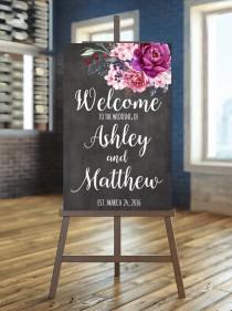 wedding photo - Printable Wedding Sign, Welcome Wedding Sign, Floral Wedding Sign, Burgundy Wedding Sign, Purple welcome Sign, Chalkboard welcome sign