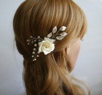 wedding photo -  Clay rose, Wedding flower hair pin, Bridal flower hair pin, Bridal hair clip, Leaf hair clip, flower hair pin