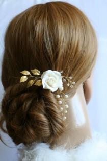 wedding photo -  Rose Hair Pin, Bridal Hair Pin, Gold leaf Hair Pin, Wedding flower hair pin, Bridal headpiece, Bridal Hair accessories