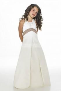 wedding photo - Satin Halter White Long Empire Sash Beaded Flower Girl Dress