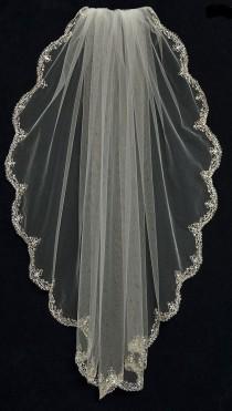 wedding photo - Fingertip Length Wedding Veil With Beaded Silver Scallop Embroidery