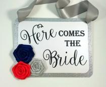 wedding photo - Here comes the bride signs. Rosette here comes the bride. Colorful Ring Bearer signs, Flower girl signs