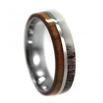 wedding photo - Cherry Wood and Deer Antler Wedding Ring for Men, Titanium Band with Wood and Antler Inlay, Titanium Wedding Band