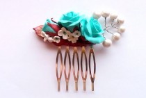wedding photo -  Turquoise Rose Flowers Hair Comb. Flowers and Leaf Hair Comb. Wedding Bridal Hair Comb, Turquoise Wedding Accessory