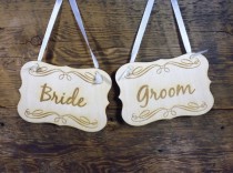 wedding photo - 2 Bride Groom Chair Signs Rustic Wedding Chair Decor Set Of 2 Photo Props Engraved Wooden Hangers With White Ribbon Mr And Mrs Signs