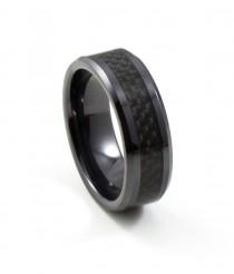 wedding photo - Sleek Black Ceramic Ring with Carbon Fiber Inlay, Men's Wedding Band, Comfort Fit, 8MM