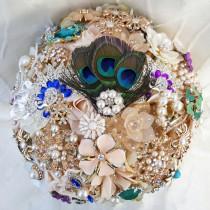 wedding photo - FULL PRICE Brooch Bouquet Champagne and Peacock Feathers Purple Teal Green Blue Cream Gold Silver Ivory Crystal CUSTOM Bridal Broach Bouqet