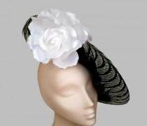 wedding photo - Black lampshade hat, wedding hat white and black, derby hat, race sun hat, black fascinator, flower hat, melbourne cup hat, large brim hat