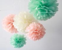 wedding photo - Mint Peach Wedding - 12 Tissue Paper Pom Poms - Fast Shipping - Wedding / Bridal Shower Decoration Flowers