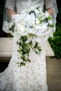 wedding photo - Luxurious fern and ivy cascade bouquet, lilies, ranunculus, peony, real touch calla lily, rose and hydrangea, boutonniere and bridal bouquet