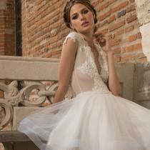 wedding photo - Elegant Short V-Neck Backless Lace Appliques Organza A-Line Wedding Dress
