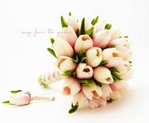 wedding photo - Pink Real Touch Tulips Bridal Bouquet Groom's Boutonniere - Pink Champagne Real Touch Wedding Flower Package - Customize for Your Colors