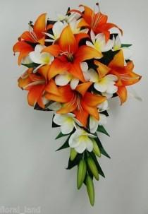 wedding photo - Latex White Frangipani Tiger Lily Orange Bride Wedding Bouquet Teardrop Flower