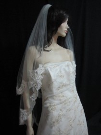 wedding photo - 2 tier 40 inchx30 inch (blusher) finger tip/waist length, 4 inch French Alencon lace wedding veil bridal veil-  in white light ivoryIivory
