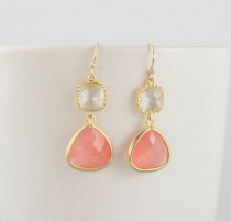 wedding photo - Peach Earrings, Coral Earrings, Clear Crystal, Pink Glass, Gold Bridesmaid Earrings, Bridal Jewelry, Everyday Pink Wedding Bridesmaid Gift