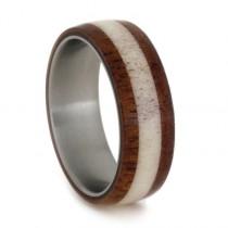 wedding photo - Mahogany Ring with Deer Antler and Titanium Band, Wooden Wedding Band For Men