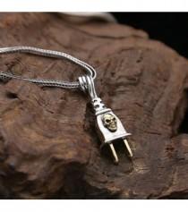 wedding photo - Men's Sterling Silver Skull Plug Necklace With Sterling Silver Wheat Chain