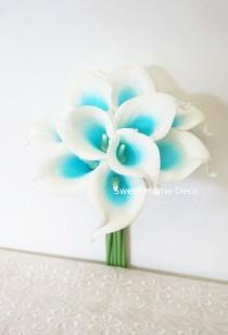 wedding photo - JennysFlowerShop Latex Real Touch 15" Artificial Calla Lily 10 Stems Flower Bouquet for Home/ Wedding Blue