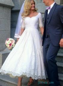 wedding photo -  H1557 Vintage half sleeved lace tea length wedding dress