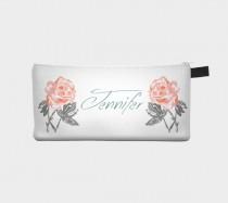 wedding photo - Personalized Bridesmaids Grey & Rose - Cosmetic Pouch Pencil Case Brides Maids Gift Zip Pouch Pouch Makeup Storage Case