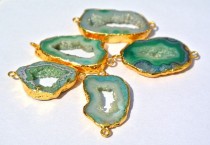 wedding photo - 5Pcs 24Kt Gold Electroplated Edge Green Druzy Agate Geode Slice Connector Double Loop Pendant, Station Connector, Charm Wedding