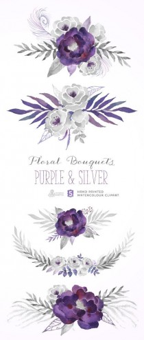 wedding photo - Purple & Silver Floral Bouquets. Digital Clipart. Hand Painted, Watercolour Flowers, Wedding Diy Elements, Gray, Invite, Printable, Grey