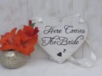 wedding photo - Here Comes The Bride Sign Heart Chair Signs Photography Props Rustic Wood Wedding Ring Bearer Flower Girl