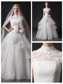wedding photo -  Short Sleeves High Neckline Natural Waist Floor Length Ball Gown Wedding Dress